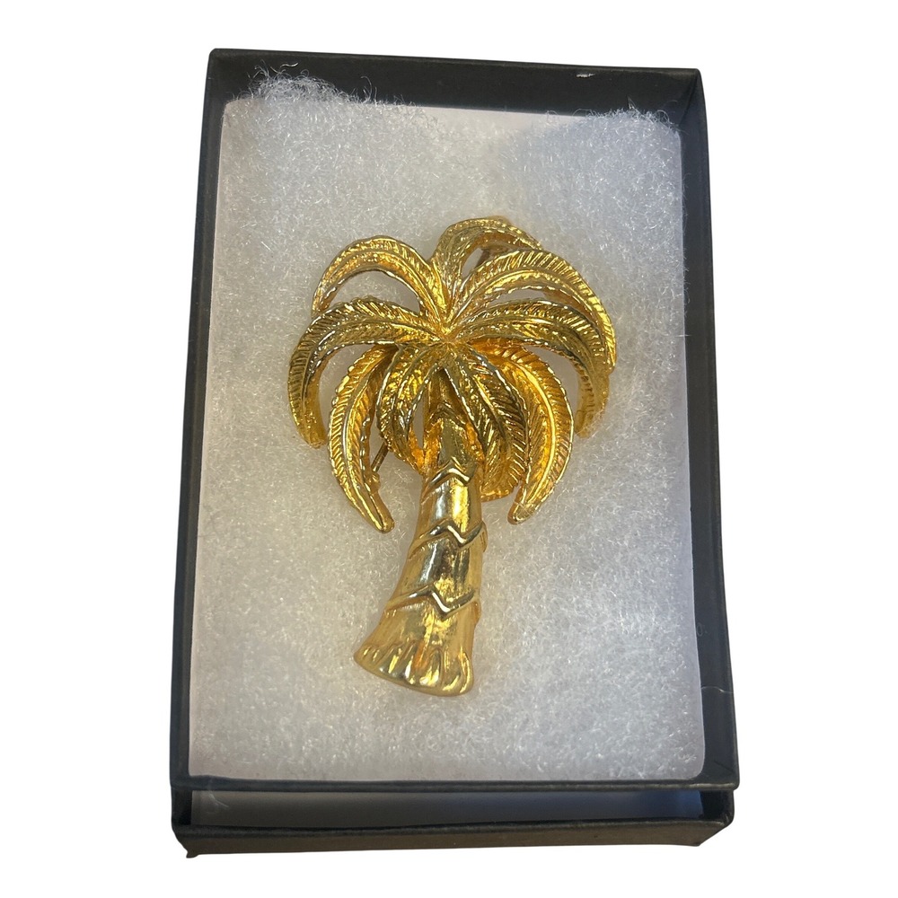 Palm Tree Gold Tone Textured Brooch Tropical Summer Beach Statement Pin